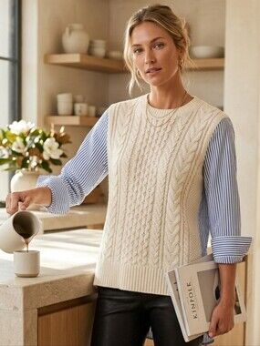 Stitch + Feather Mixed Media Cable Knit Sweater White Women Size Medium